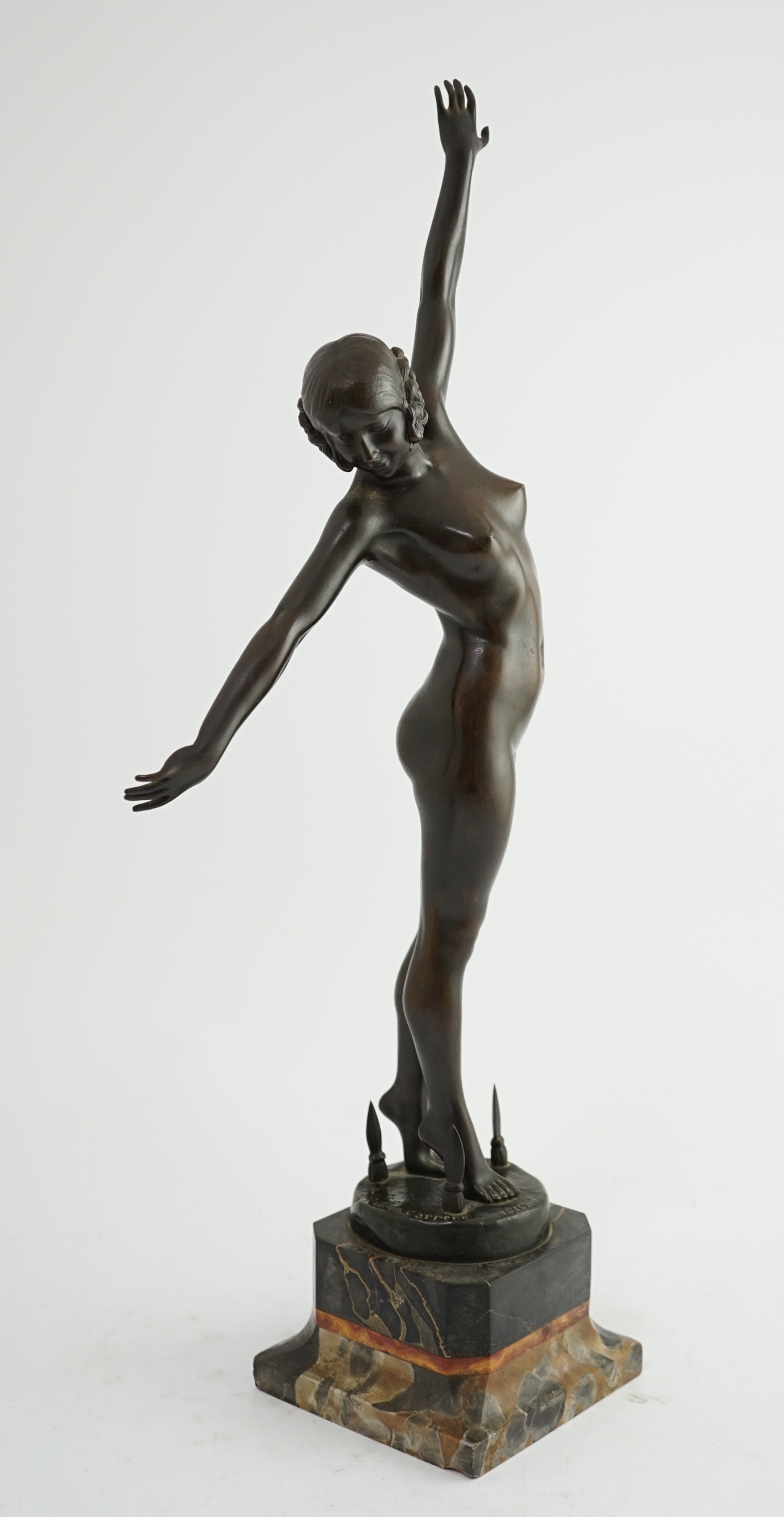 Fernand Quillon-Carrère. An Art Deco bronze figure 'Danseuse aux lances'